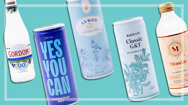 Five alcohol free gin and tonics on a teal background